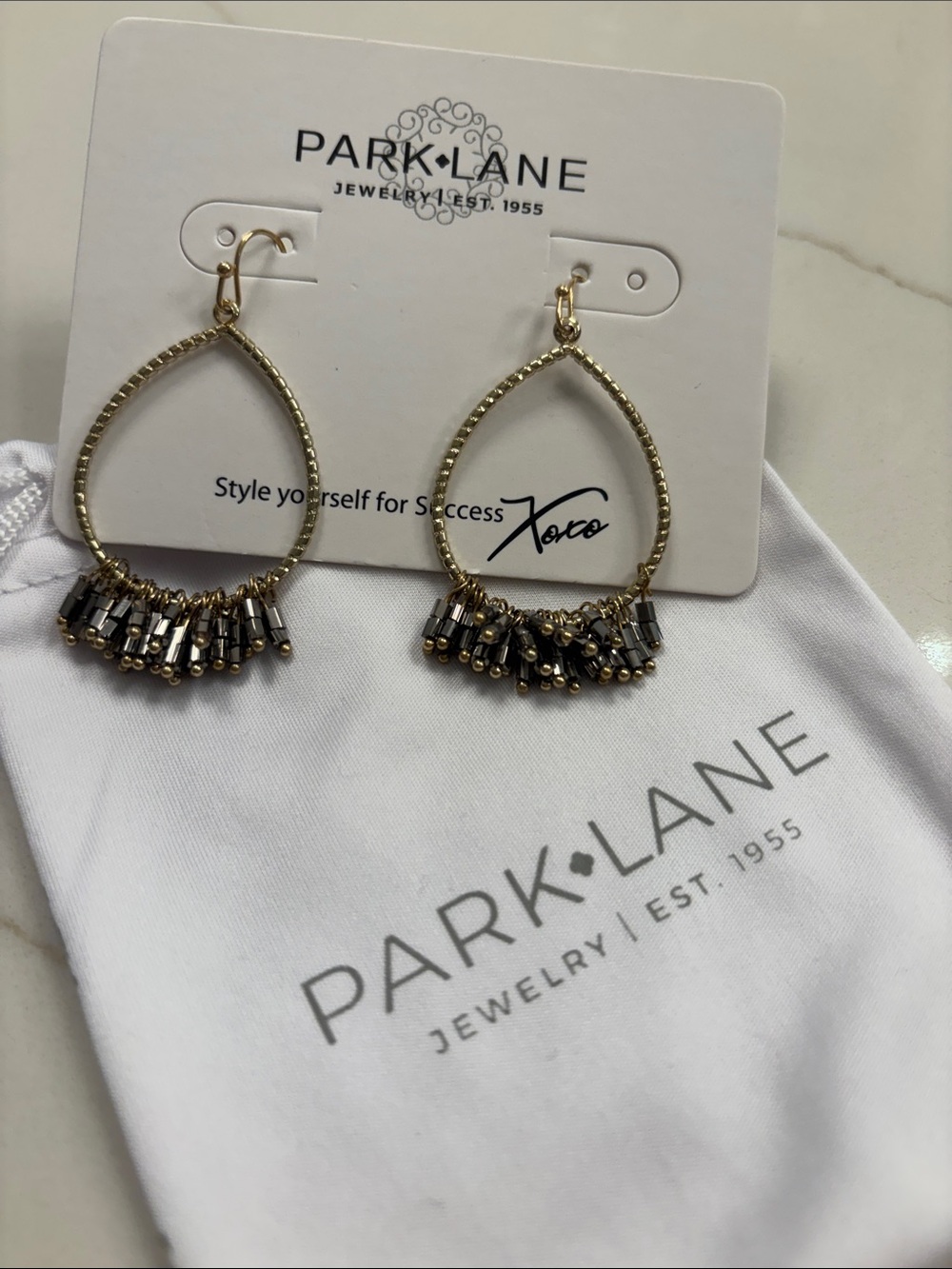 Park Lane Gold Teardrop Earrings with Gunmetal Fringe Beads